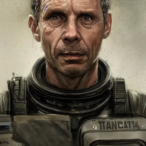 Image similar to portrait of a man by greg rutkowski, michael biehn as an space security officer, he is about 6 0 years old, military composure, wearing the tactical gear of weyland company, highly detailed portrait, digital painting, artstation, concept art, smooth, sharp foccus ilustration, artstation hq