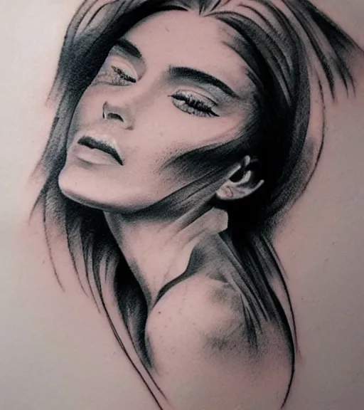 Image similar to tattoo design sketch of an extremely beautiful woman with a background of beautiful mountains on her side, hyper - realistic, double exposure effect, in the style of den yakovlev, amazing detail, black and white, faded