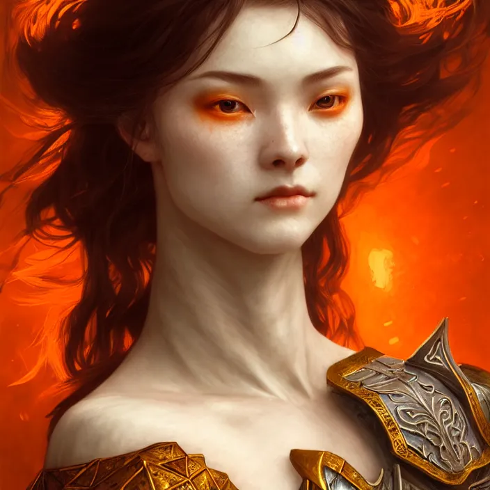 Image similar to head and shoulders portrait of a d & d ranger with her porcelain armor, chinese kangxi orange and white, volumetric lighting, fantasy, intricate, elegant, lifelike, photorealistic, artstation, concept art, sharp focus, by john collier and albert aublet and krenz cushart and artem demura and alphonse mucha