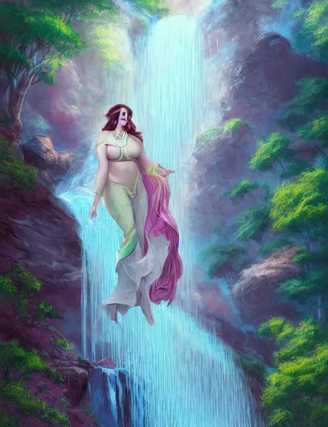 Prompt: full - figured techno - embroidered androgyne with filigree and beads walks by a waterfall in the sky, safe for work, vivid pastel color scheme, by award - winning concept artist, dynamic composition, backlighting, radiant light