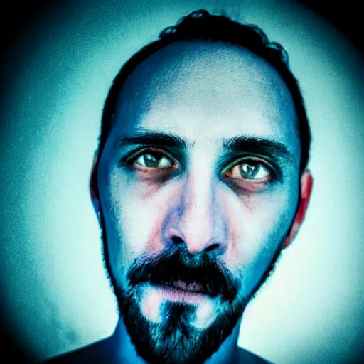 Image similar to fish eye lens close up photograph of a man with blue skin and a goatee side eyeing the camera with a sympathetic look