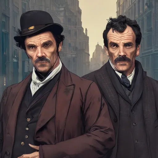 Prompt: [UHD Sherlock Holmes and Watson as GTA characters on the streets of London in 2169, correct faces, intricate, elegant, graphic detail, digital painting, trending on artstation, concept art, tonalism, sharp focus, illustration, art by Miguel Vasquez and Greg Rutkowski and Alphonse Mucha]