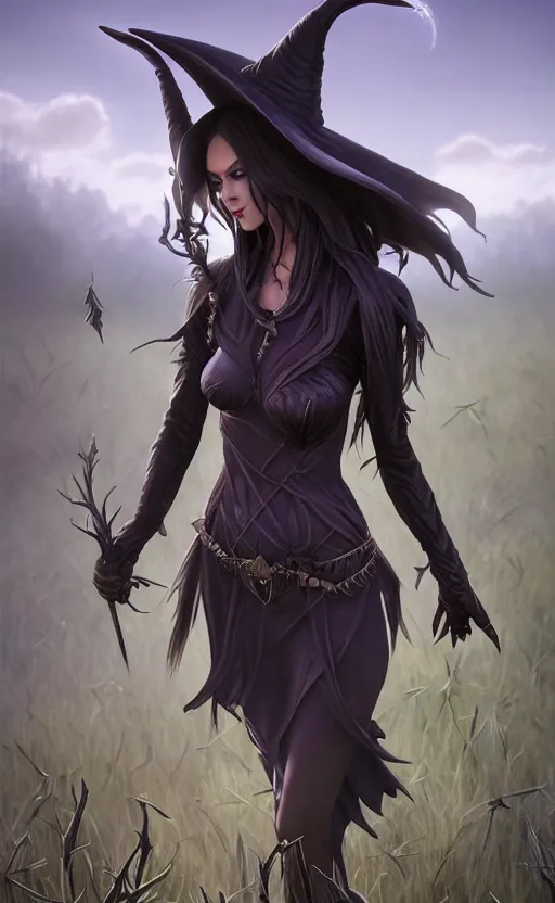 Image similar to medium shot of dark elf witch in field, sunny, highly detailed, d & d, fantasy, highly detailed, digital painting, trending on artstation, concept art, sharp focus, illustration, global illumination, ray tracing, realistic shaded, art by artgerm and greg rutkowski and fuji choko and viktoria gavrilenko and hoang lap