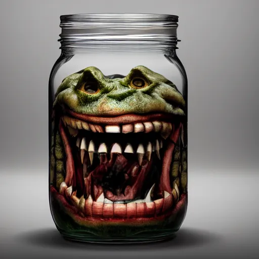 Image similar to Evil monster in a jar by John Howe, product photography, centered, studio lightning