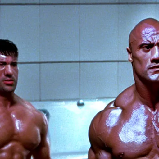 Prompt: movie still from the movie The Rock (1996), rendering of sylvester stallone in the shower room scene, cinematic,