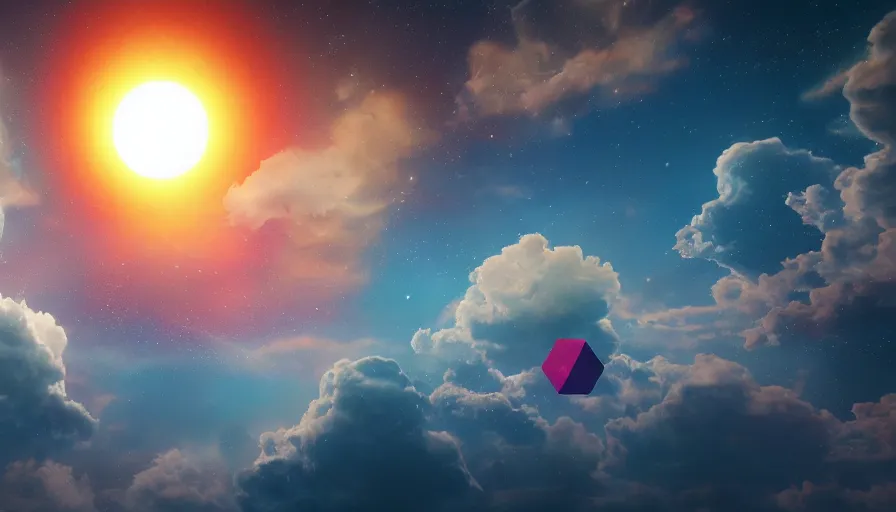 Prompt: hexagon eclipsing sun, floating in space, colorful clouds below matte painting, trending on artstation, realistic, octane render, cinematic, epic