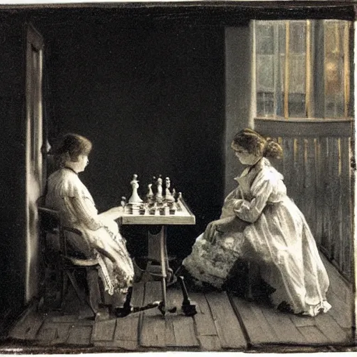 Image similar to two young edwardian women playing chess by a window at night, a beach reflecting moonlight is visible in the background, in the style of anders zorn