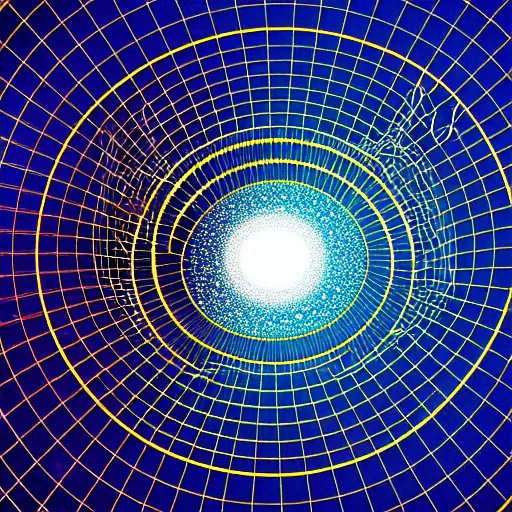 Image similar to a black hole at the center of a golden wireframe geometric structure, deep blue and dark cyan nebula background, highly detailed artwork