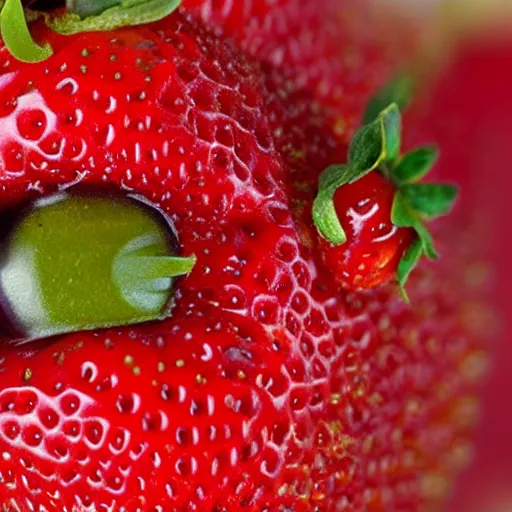 Prompt: fruit fly close-up, an extreme macro zoom shot, fruit fly eating a big strawberry