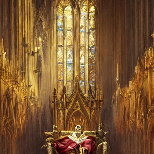 Image similar to Human skeleton, majesty in noble clothes, king resting on a throne inside a cathedral, old castle, oil painting, by Fernanda Suarez and Greg Rutkowski