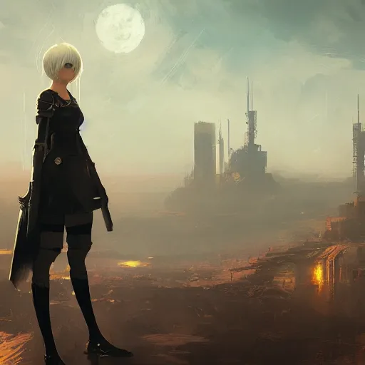 Image similar to a portrait of 2 b nier automata, post apocalyptic earth in the background as seen by greg rutkowski, dark theme, enchanted, warm colors, high quality, waw, trending on artstation