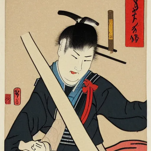 Prompt: ukiyo-e print block of Obama samurai wielding a katana