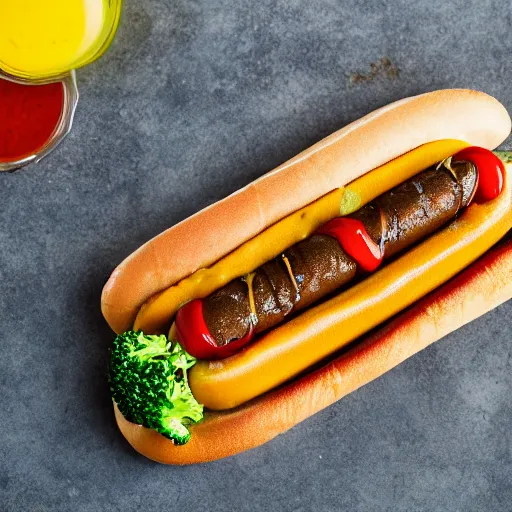 Image similar to photo shoot portrait of a delicious hot dog with broccoli and sardines, mustard, ketchup, detailed, uhd, 8k,