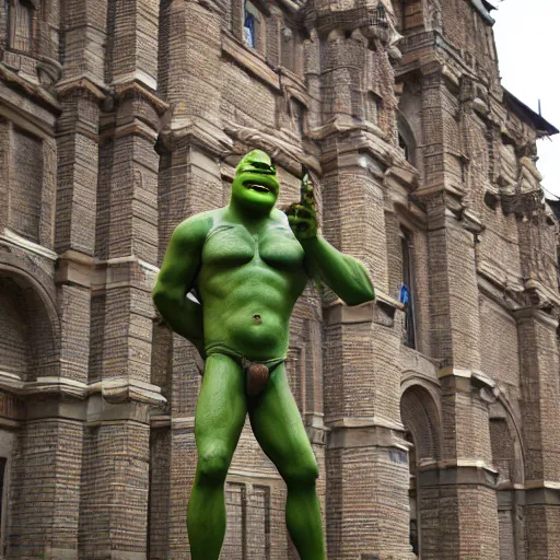 Prompt: A monumental, 10 feet tall bronze sculpture of Shrek standing, in the middle of a rainy courtyard, contrapposto, natural overcast lighting, museum catalog photography, F 2.8, 85mm Velvia 100, high DOF
