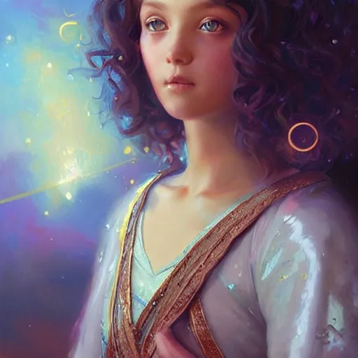 Image similar to a little girl with short wavy curly light brown hair and blue eyes, a space empress in byzantine style. beautiful highly detailed face, painting by artgerm and greg rutkowski and ilya kuvshinov.