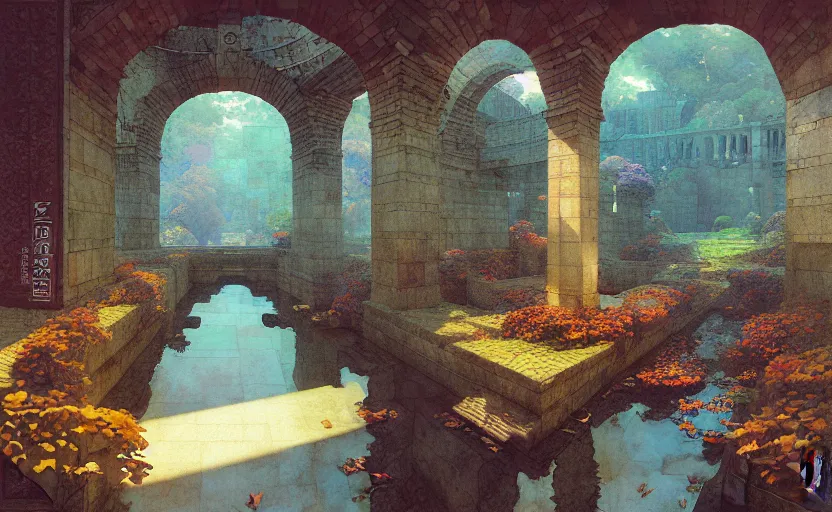 Image similar to tiled room squared waterway, aqueducts, fantasy. intricate, amazing composition, colorful watercolor, by ruan jia, by maxfield parrish, by marc simonetti, by hikari shimoda, by robert hubert, by zhang kechun, illustration, gloomy