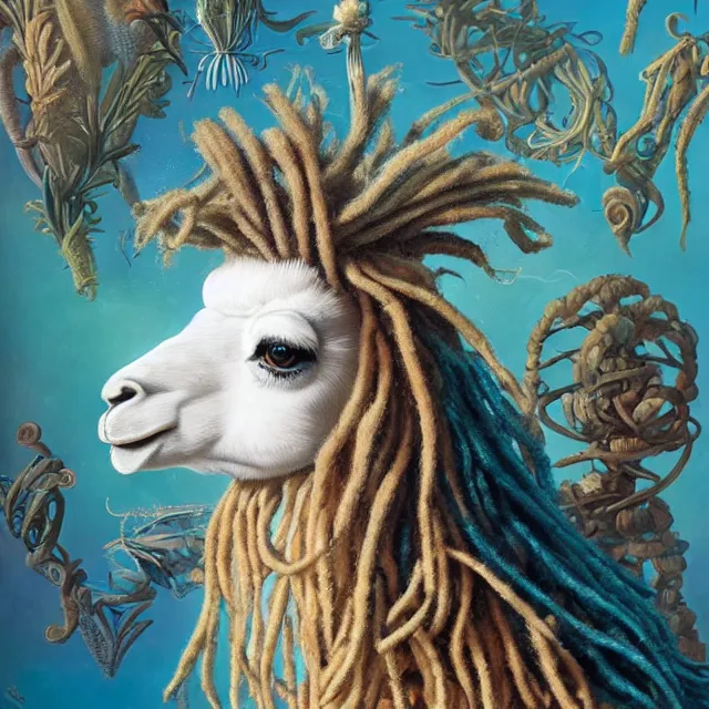 Image similar to llama with dreadlocks, aqua, by mandy jurgens, ernst haeckel, james jean