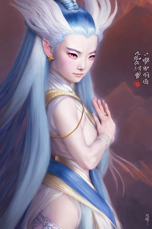 Image similar to Princess Yue with white hair from avatar the last airbender, fantasy, intricate, elegant, highly detailed, digital painting, artstation, concept art, matte, sharp focus, illustration, art by Artgerm and Greg Rutkowski and Alphonse Mucha