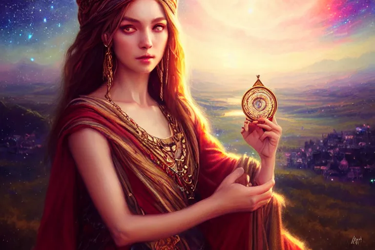 Image similar to masterpiece portrait charming and miracle female luxury astromancer boho accessories in dreamlike movie, high detailed face, art by artgerm, greg rutkowski, sasoura, satchely, big major starry sky and city in background, uhd, medium long shot, fantasy, no distorsion, sharp focus,