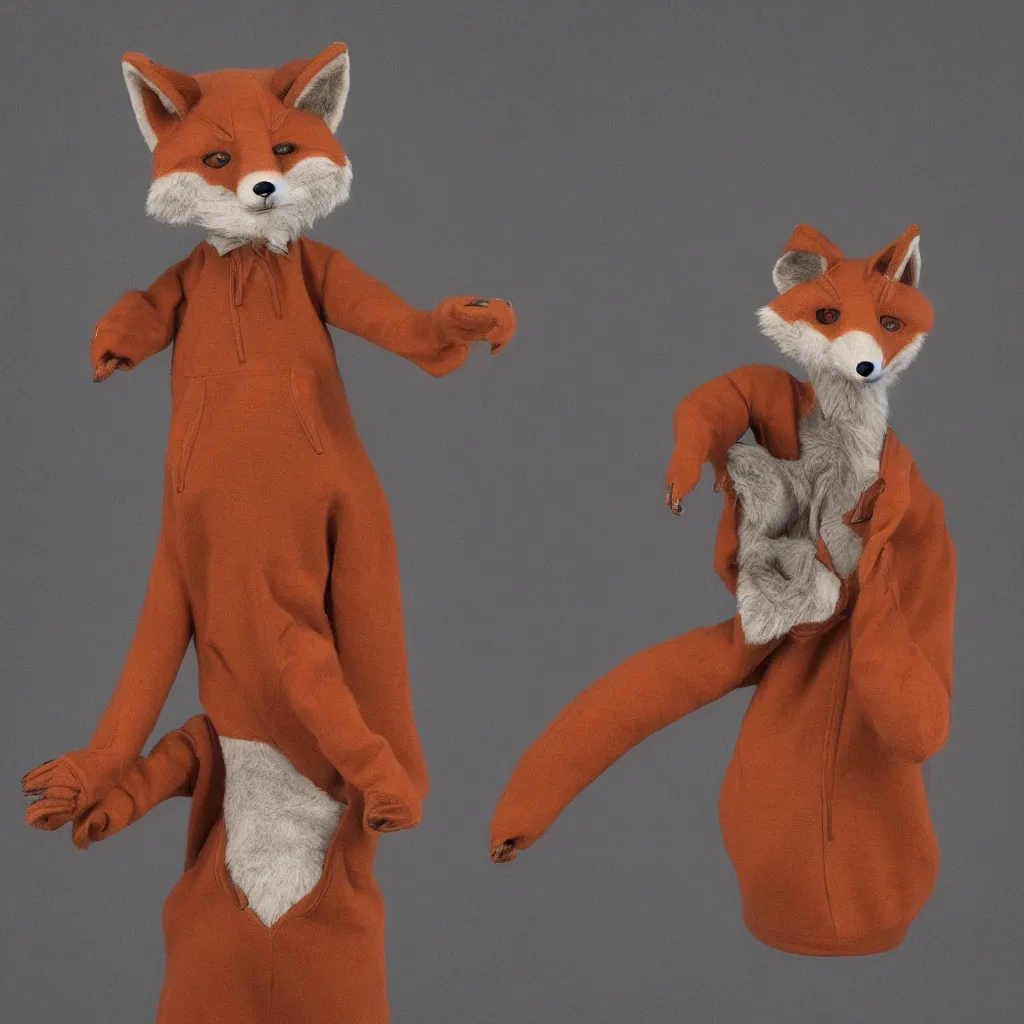 Image similar to an anthropomorphic fox wearing a hoodie, studio ghibl