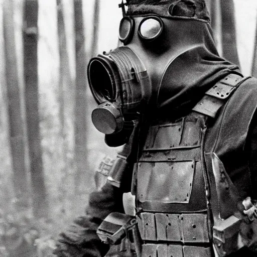 Image similar to a heavily armored man wearing a gasmask, in the jungle, film still, arriflex 3 5