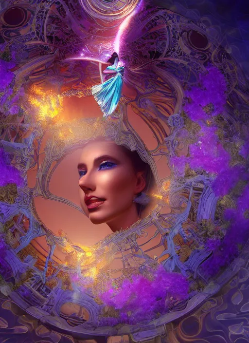 Prompt: flowers within the whole infinite capsule, a goddess apparent with awe the apparition, an idea seep's into infinity and gives me wings, highly detailed in 4 d volumetric latent space, golden turquoise steampunk, high contrast cinematic light, mystical shadows, sharp focus, divine realm of gods, octane render, artist boris vallejo,