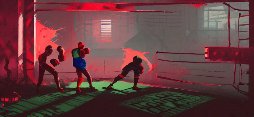 Image similar to handmade illustration of a boxing match in an industrial room, line art, octane render with volumetric lighting, miniatures by wes anderson, cedric peyraavernay, waste processing machinery, bladerunner, green and red radioactive swamp, by Remedios Varo and Anato Finnstark and Greg Rutkowski, dayglo pink, dayglo blue, by Craig Mullins, ilya kuvshinov, krenz cushart, artgerm, 8k, trending on ArtStation