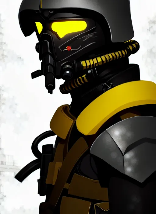 Image similar to a film still portrait of a vicious helldiver scout soldier, black armor with yellow accents, ilya kuvshinov, anime, pixiv top monthly, trending on artstation, cinematic, danbooru, zerochan art, kyoto animation