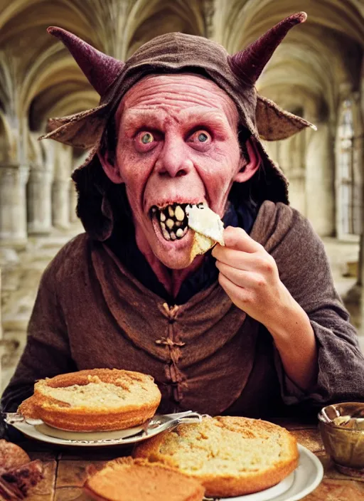 Image similar to closeup portrait of a medieval goblin eating cakes in the cloisters, depth of field, zeiss lens, detailed, symmetrical, centered, fashion photoshoot, by Annie Leibovitz and Steve McCurry, David Lazar, Jimmy Nelsson, Breathtaking, 8k resolution, extremely detailed, beautiful, establishing shot, artistic, hyperrealistic, beautiful face, octane render