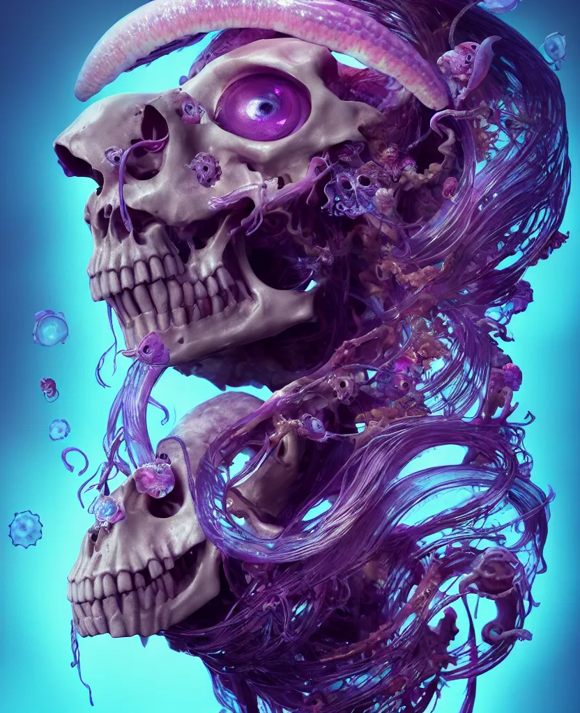 Image similar to goddess close - up portrait human skeleton, ram skull, squid phoenix jellyfish, orchid, betta fish, bioluminiscent, intricate artwork by tooth wu and wlop and beeple. octane render, trending on artstation, greg rutkowski very coherent symmetrical artwork. cinematic, hyper realism, high detail, octane render, 8 k