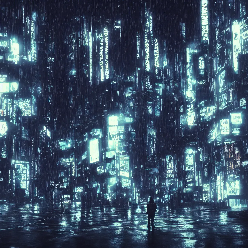 Image similar to dark city street in the rain, black cat standing in street, neon lights, cyberpunk, year 2 0 9 9, blade runner, octane render, 4 k