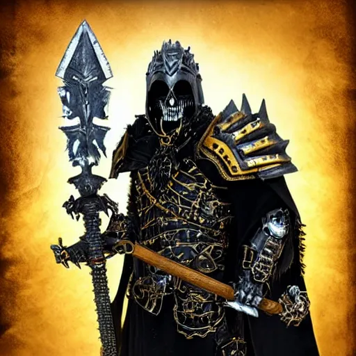 Image similar to lich king wearing black and gold armor with skulls and chains, holding a two handed sword with golden handle, wearing spiky helmet with mask