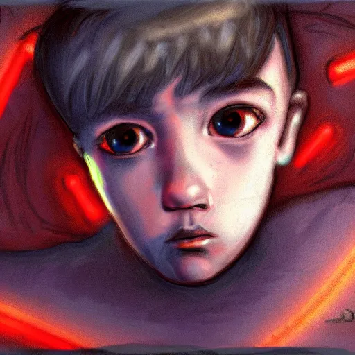 Image similar to A human boy staring staring into the eyes of a female robot, trending on art station, emotional science fiction, neon background