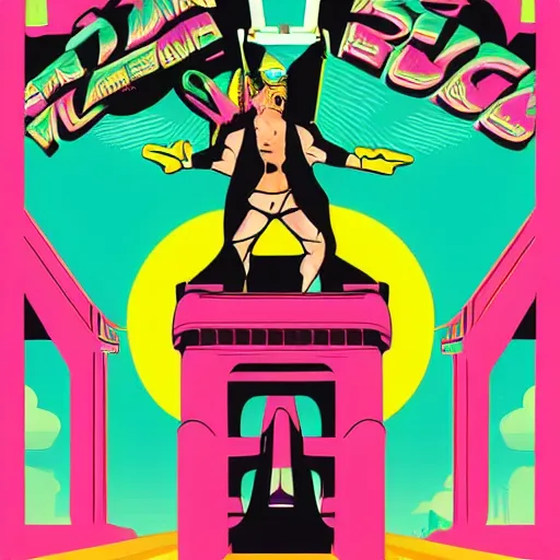 Prompt: Miami Vice themed luchador event on the Golden Gate Bridge; Luchador costume; miami Vice; colors; graphic art; vector graphics; masterpiece illustration comic