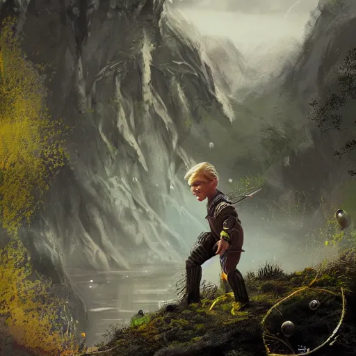 Prompt: Young blonde boy fantasy thief, realistic, ultra detailed, menacing, powerful, dark, shallow focus, forest, mountains in the background concept art design as if designed by Wētā Workshop