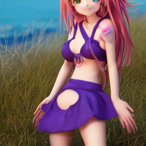 Prompt: Render of a very beautiful 3d anime girl, long purple hair, beautiful eyes, cute freckles, full round face, short smile, cute sundress, golden hour, serene beach setting, medium shot, mid-shot, highly detailed, trending on Artstation, Unreal Engine 4k