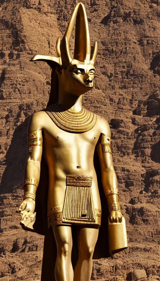 Prompt: a portrait of a statue of the Egyptian god Anubis wearing a gold-rimmed toga. Dark cavern is in the background. Key lighting 8K dslr photograph