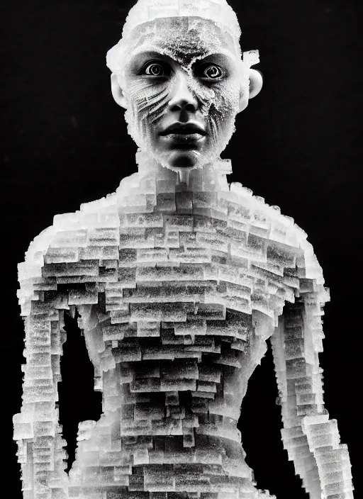 Prompt: a young female cyborg bust made of ice and fire and mud, dramatic, ilford hp 5, closeup - view, f / 2. 8, high contrast, 1 6 k, fluorescent lamp, contre - jour, insanely detailed and intricate, hypermaximalist, elegant, ornate, hyper realistic, super detailed