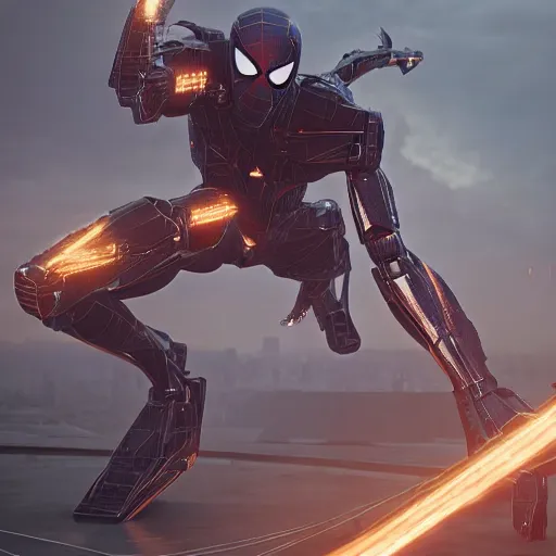 Image similar to unreal engine, octane render, 8 k, spiderman resembling mecha, techno mystic, by greg rutkowski,, maxim verehin, greg rutkowski, masterpiece, sharp focus,