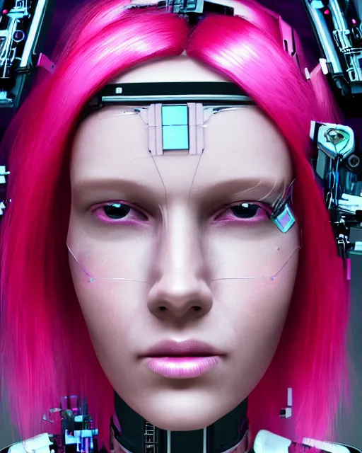 Prompt: portrait of a beautiful french woman with pink hair as a cyberpunk cyborg half robot, skin open to reveal wires and electronics, sci - fi, missing panels, intricate abstract upper body intricate artwork, concept art, octane render, deviantart, cinematic, key art, hyperrealism, iridescent accents, portrait photograph, nikon 3 5 mm, photograph by greg rutkowski