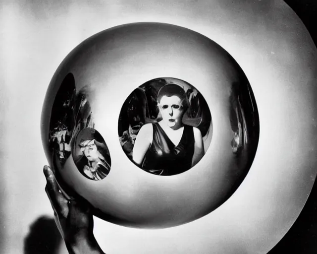 Prompt: a vintage black and white photo of a woman in a fish bowl, a surrealist sculpture by Claude Cahun, conceptual art, movie still, art nouveau, hall of mirrors, surrealist, 1920