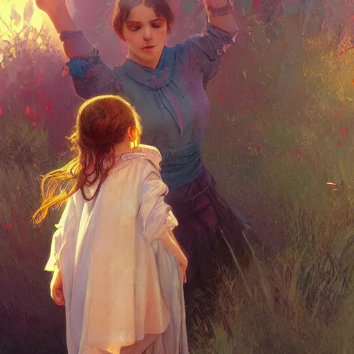 Image similar to young girl saying goodbye to her mother, highly detailed, digital painting, artstation, concept art, sharp focus, illustration, art by alex ross and greg rutkowski and alphonse mucha