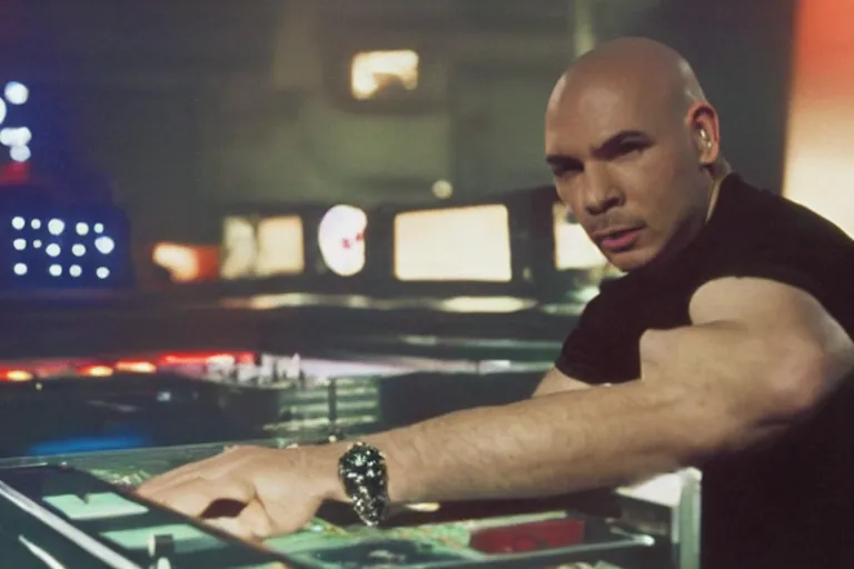 Image similar to pitbull playing a pitbull themed pinball machine, over the shoulder perspective, in 1 9 8 5, y 2 k cybercore, industrial low - light photography, still from a kiyoshi kurosawa movie