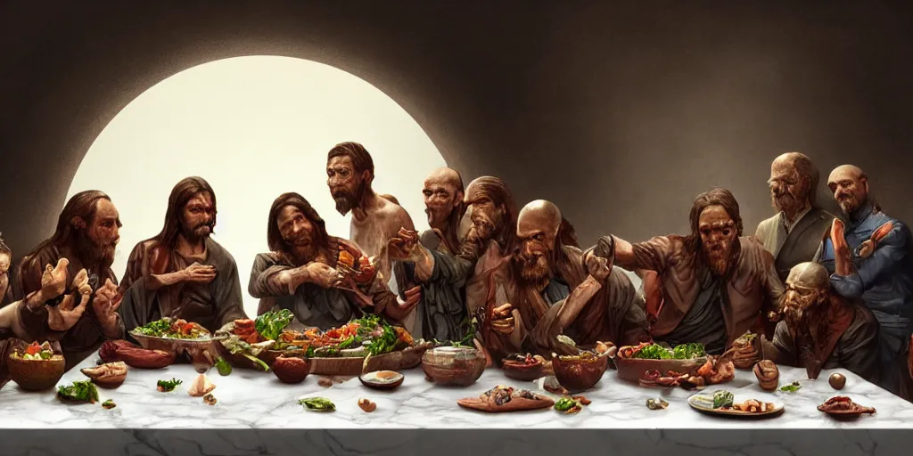 Prompt: !13 hungry cannibals making a rich salad around a marble table, !positioned as last supper cinematic lighting, dramatic framing, idilic, fantasy, highly detalied, 4k, artstation, by Wayne Barlowe