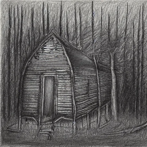 Image similar to a drawing of a eerie cabin in the middle of the woods in the style of beksinski