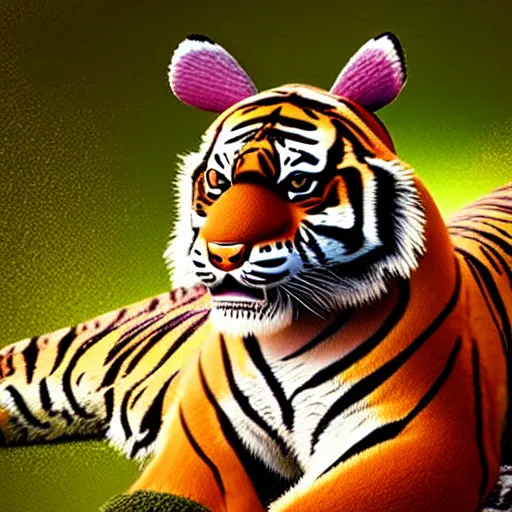 Prompt: a tiger with bunny ears for a chin the tiger's chin is made of bunny ears, photo realistic, hyper realistic, volumetric lighting, high particle effects