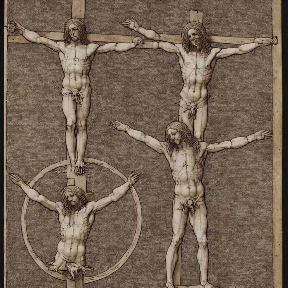 Prompt: Leonardo da Vinci's Vitruvian Man crucified on a cross, full body