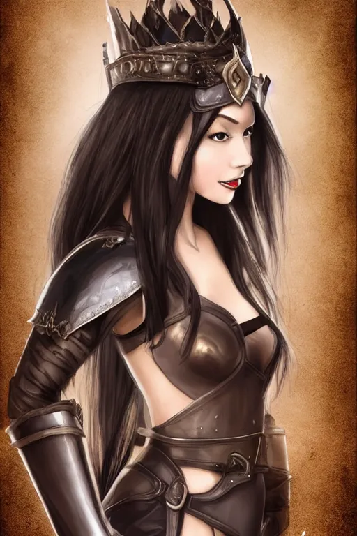 Prompt: young elf queen with long black hair, full body portrait, gorgeous, seductive, realistic, leather armor, leather gloves, digital art, high detail, lively, art by sakimi chan