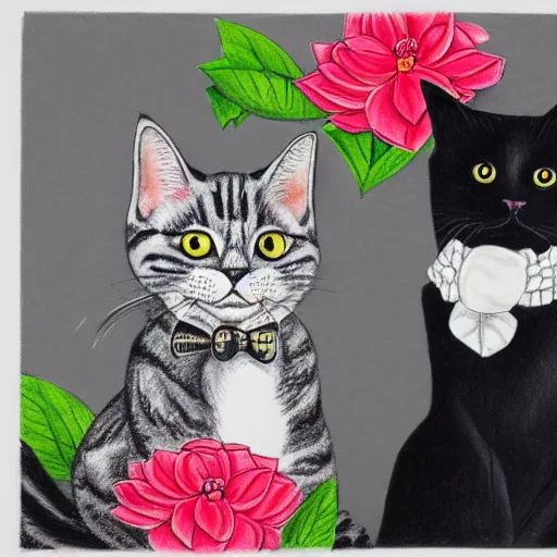 Image similar to animal friends portrait of a grey tabby cat wearing top hat sitting next to a black cat wearing a flower lei necklace, city skyline in the background, detailed colored pencil drawing 4 k