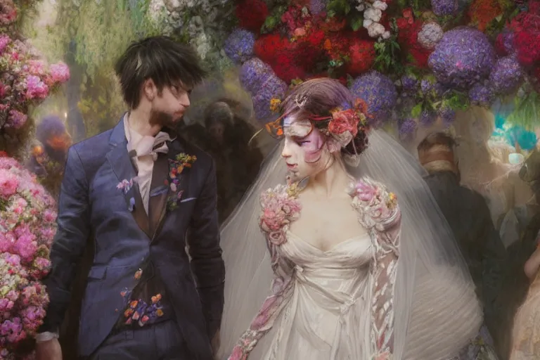 Image similar to the groom look at the bride at a wedding full of flowers, bright and happy, dreamlike art, highly detail, 4 k realistic, wedding photoy krenz cushart, artem demura, yoji shinkawa artgerm, jon lothian, danilo torres. adi meyers. thomas reimann. gaston bussiere.